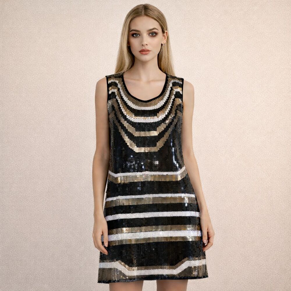Sequin Cocktail Party Dress Art Deco Stripe Sleeveless Mini XS Black Gold Shift